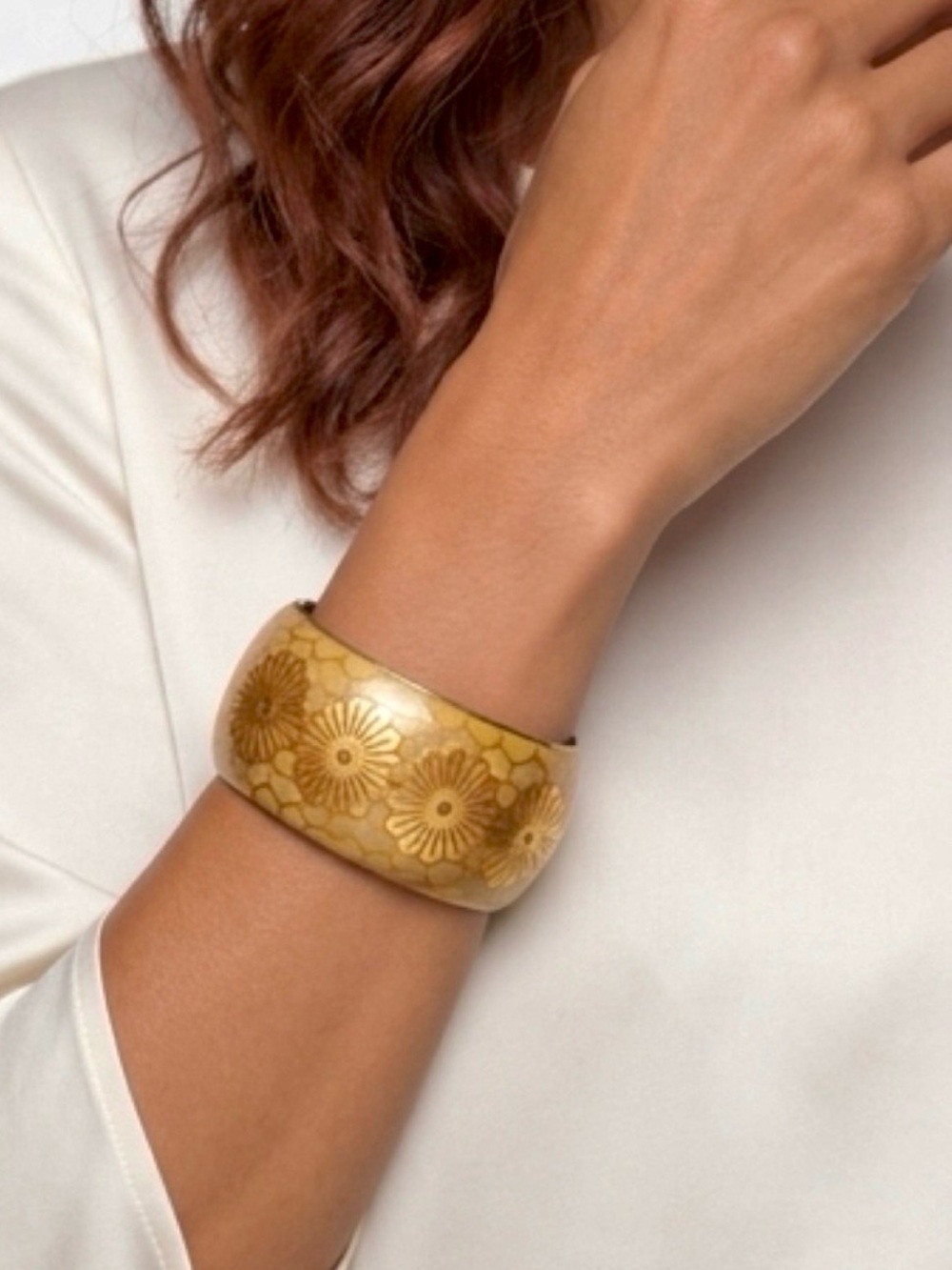 Vintage Chunky Floral Enamel Brass Bangle Bracelet - Bohemian